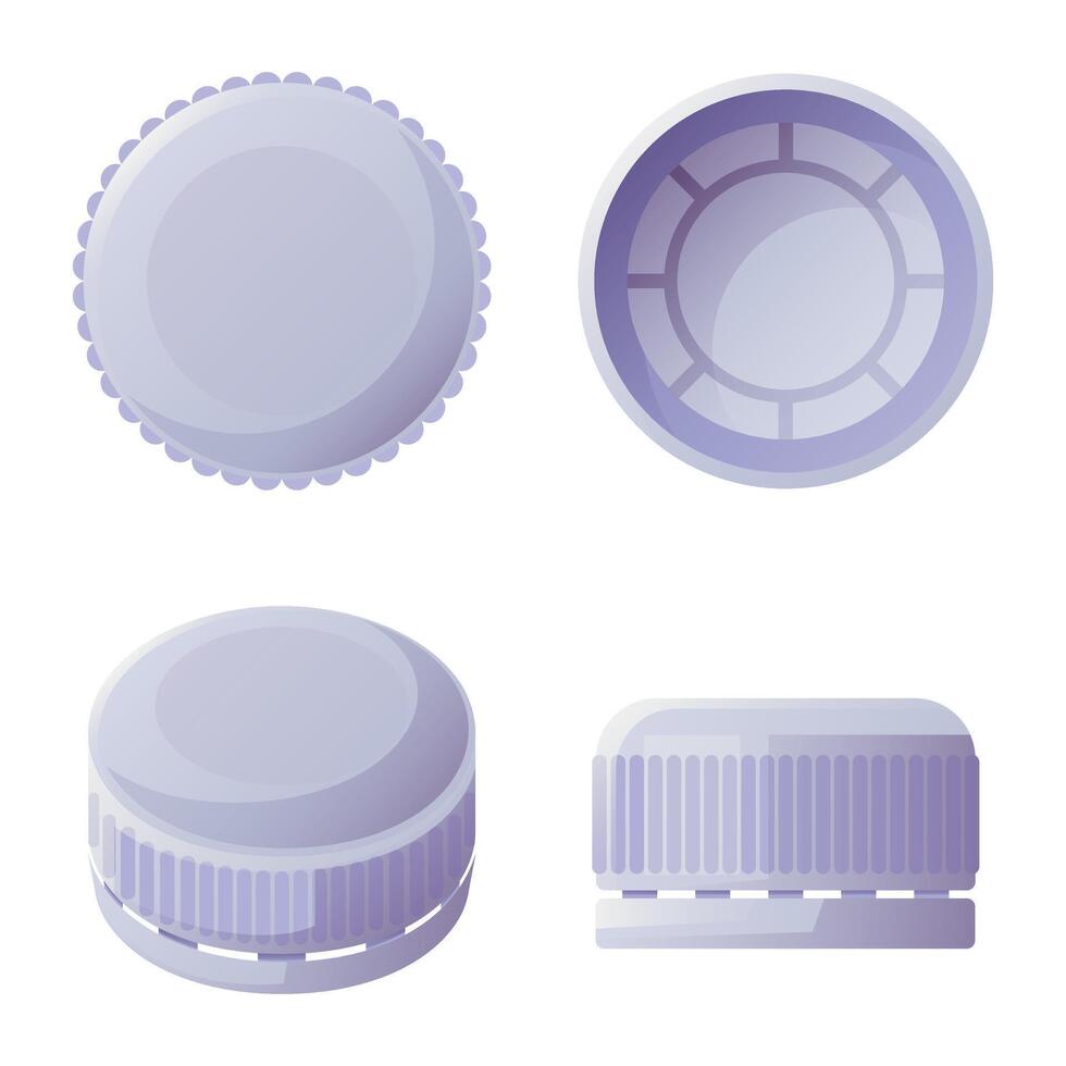 Bottle cap. Set of caps from different angles, top and bottom view, side view. Plastic caps for water containers. Recycling of plastic caps, plastic trash. illustration on white background. vector