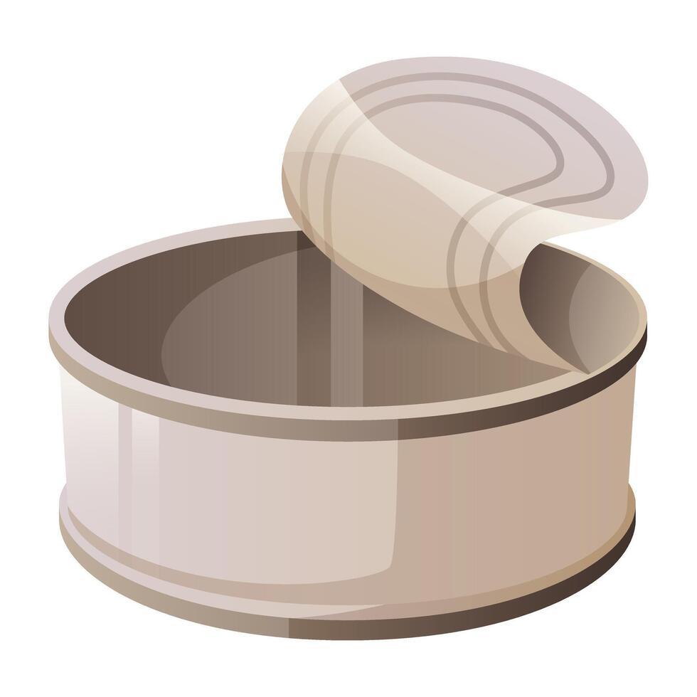 Open tin can, trash, empty metal can, used aluminum food container, cartoon style on white background. Recycling, nature pollution, garbage reuse concept. vector