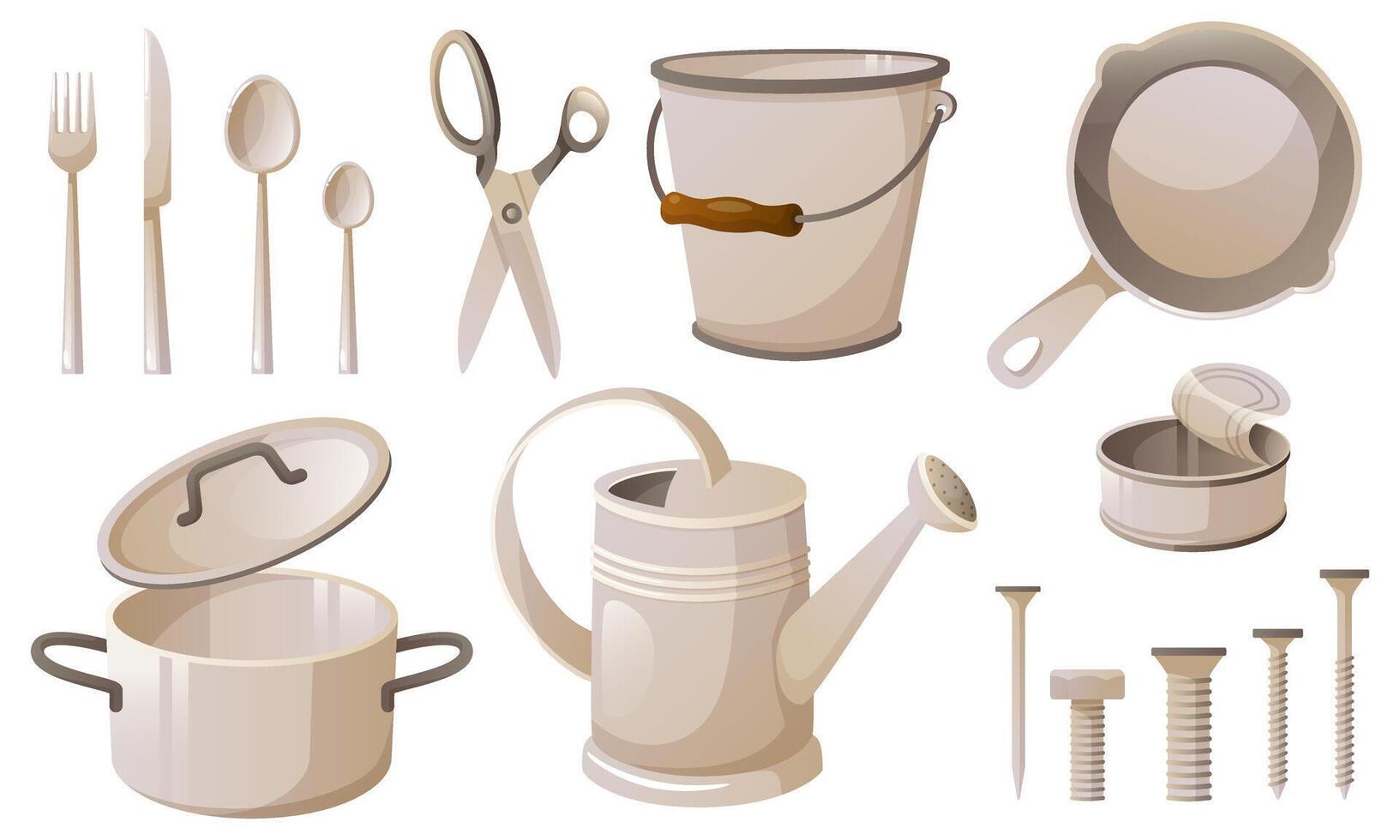 Set of metal trash, scrap metal. Iron utensils, tin can, nails, iron scissors. Garbage recycling, reuse, zero waste. illustration in cartoon style. vector
