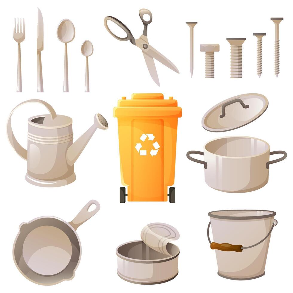 Set of metal trash, scrap metal. Yellow trash container. Iron utensils, tin can, nails, iron scissors. Garbage recycling, reuse, zero waste. illustration in cartoon style. vector