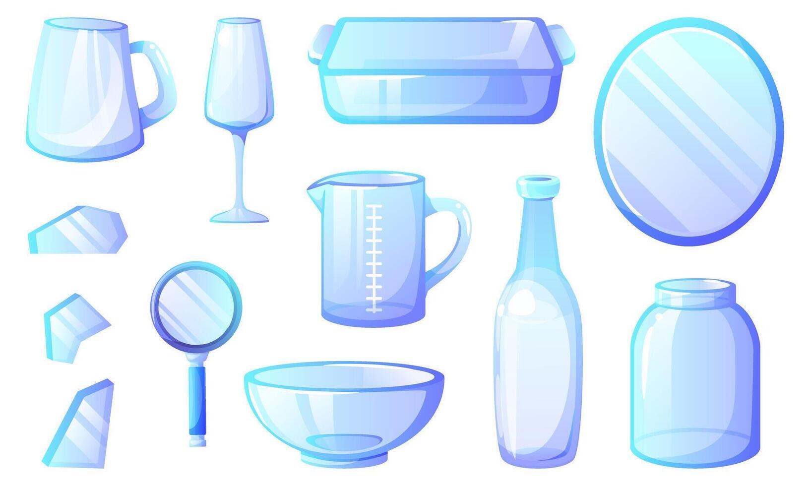 Set of glass objects for recycling, empty glassware, mirror, magnifying glass, bottle, glass shards, salad bowl. illustration on white background. vector