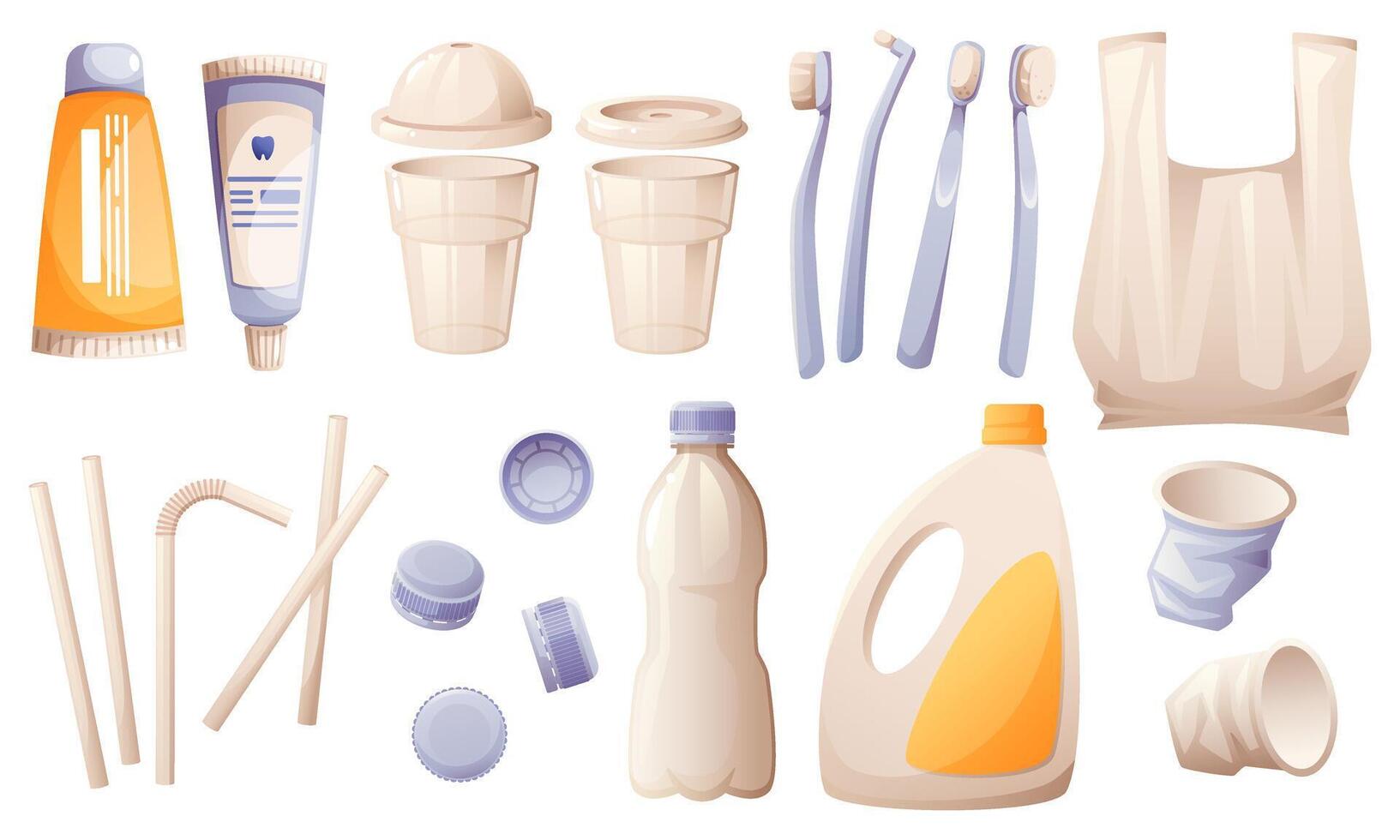 A set of different plastic waste, a bag, a glass and a bottle, toothbrushes, packaging of household chemicals. Recycling, waste sorting. Pollution of the earth with plastic waste. vector