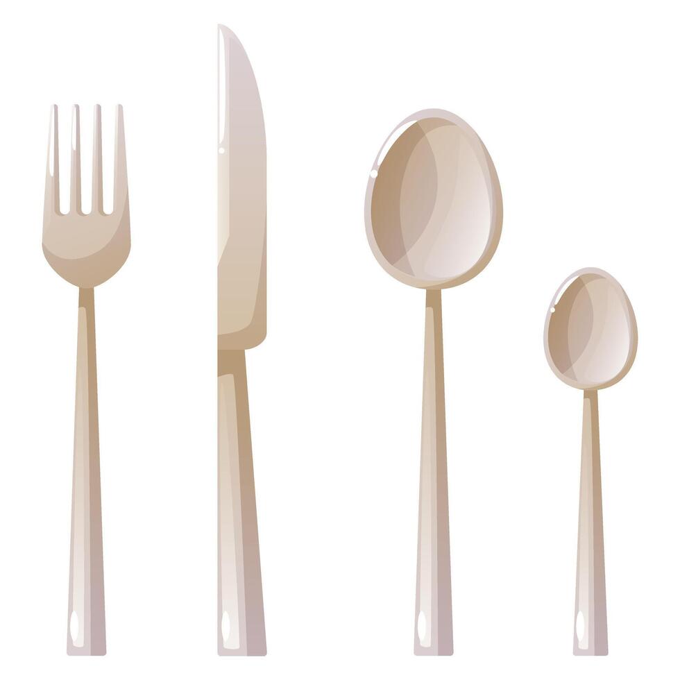 Steel cutlery set for table setting, soup spoon, teaspoon, fork, knife. Tableware for eating, stainless steel cutlery, illustration in cartoon style isolated on white background. vector