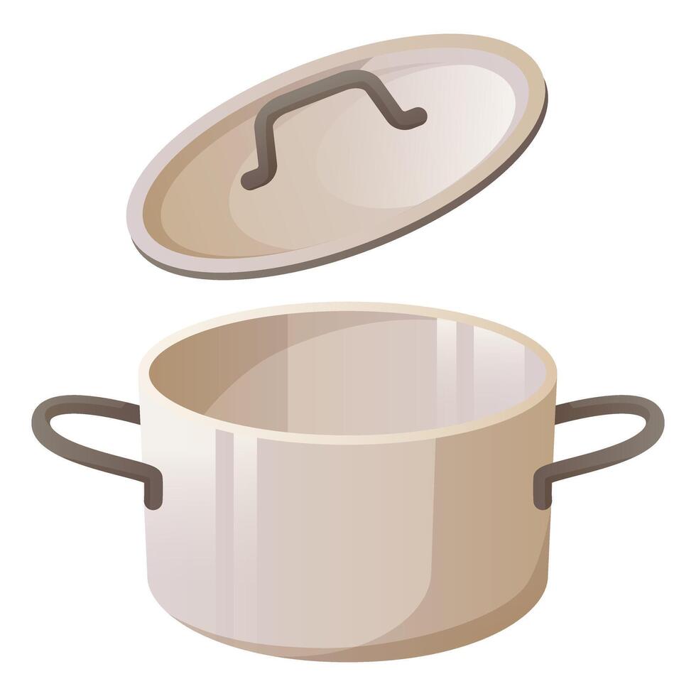 Open saucepan, cooking utensil, empty metal pot with lid, stainless steel cookware, cartoon style on white background. vector