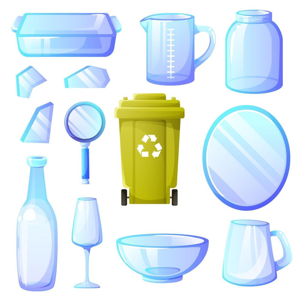 Set of glass objects for recycling, green trash bin, reuse garbage, zero waste, recycle. Empty glassware, mirror, magnifying glass, bottle, glass shards, salad bowl. Illustration on white background. vector