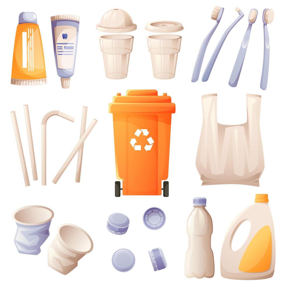 A set of different plastic waste and a yellow container for waste collection. Recycling, waste sorting. Pollution of the earth with plastic waste, an environmental problem. vector