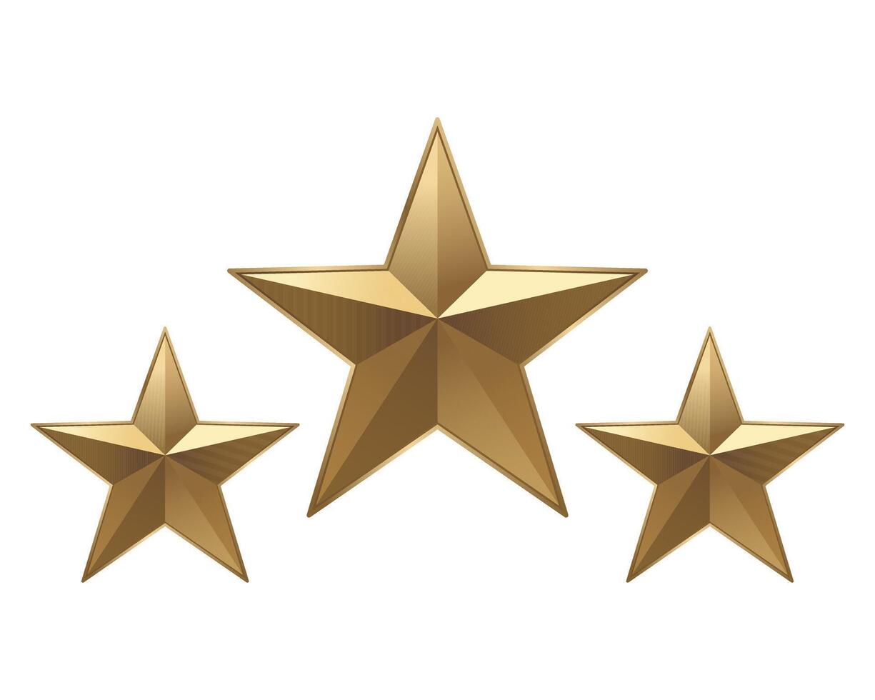 Set of 3 gold stars, for rating, review .Isolated on white background. realistic three golden stars vector