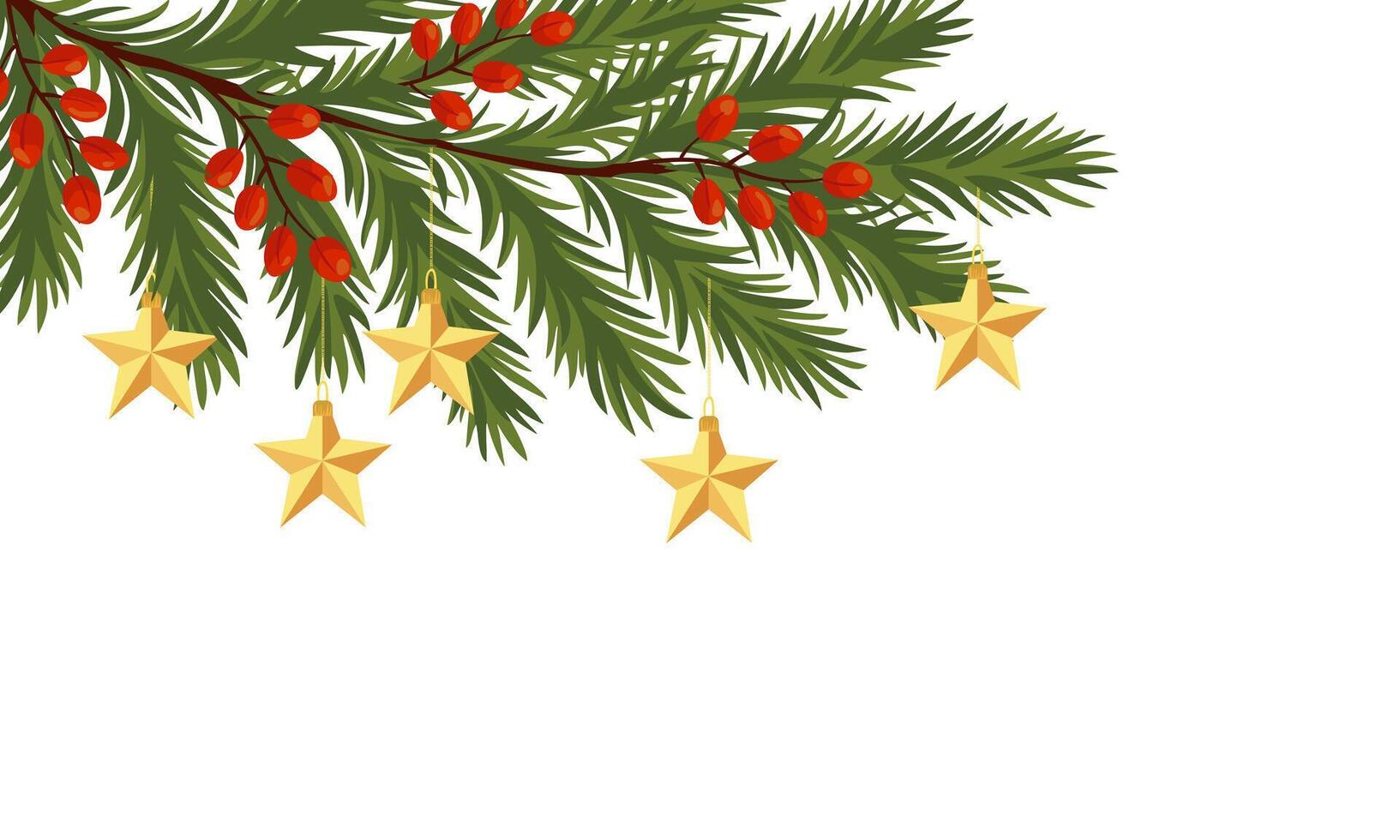Spruce branch decorated with red berries and Christmas tree toys vector