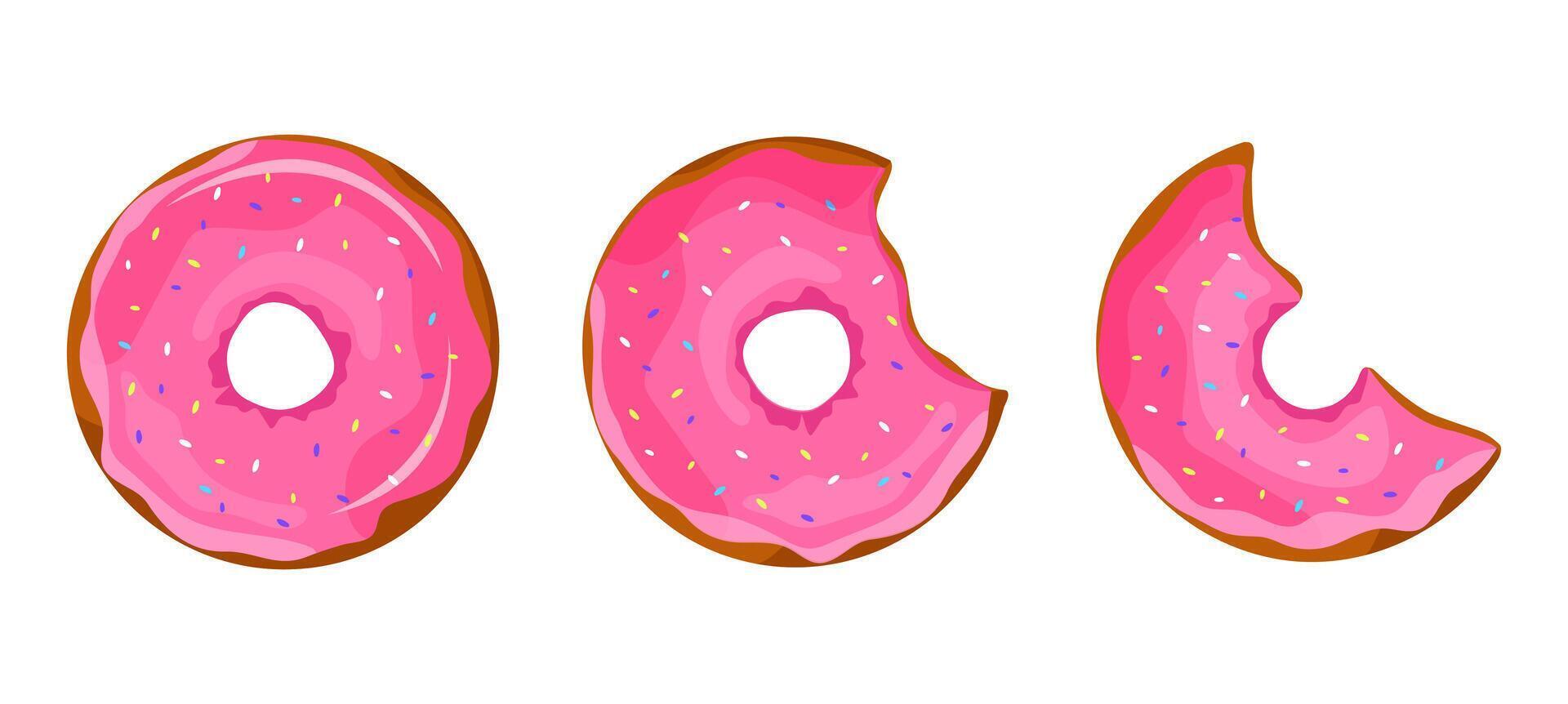 Donut with pink glaze and coloured sprinkles Whole and bitten off donut. Sweet pastry, dessert illustration donut icon on white background vector