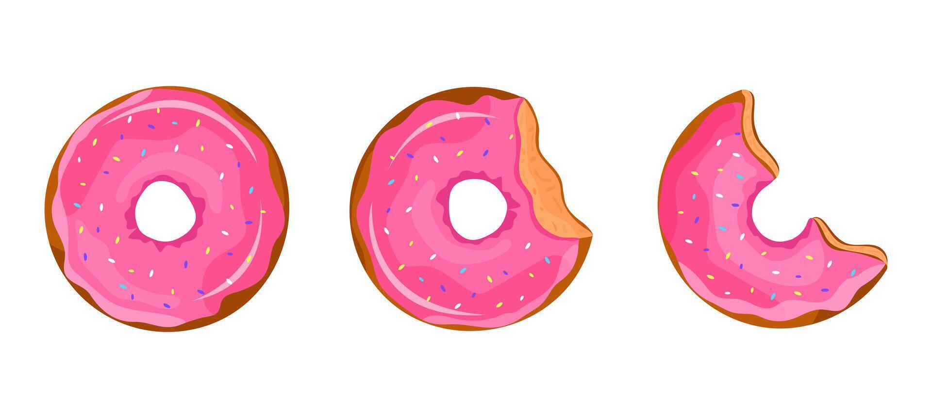 Donut with pink glaze and coloured sprinkles Whole, bitten off donut and half. Sweet pastry, dessert illustration donut icon on white background vector