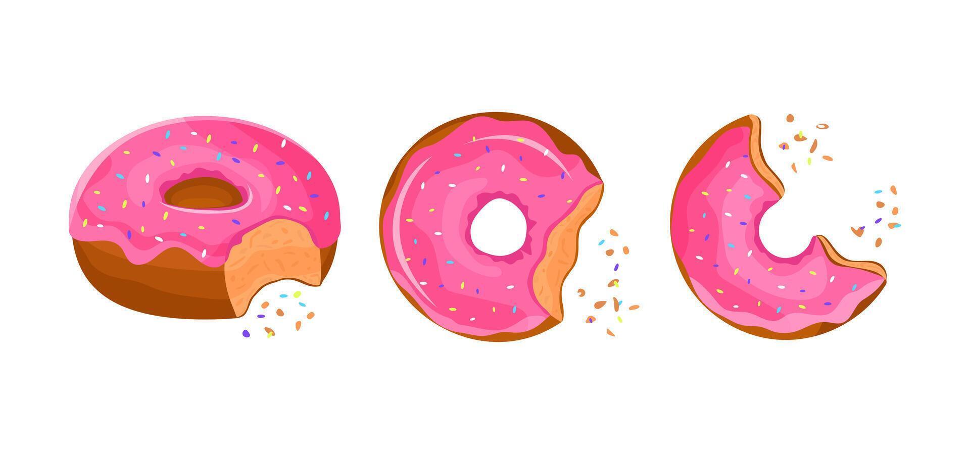 Donut with pink glaze and coloured sprinkles Bite size donuts with crumbs. Sweet pastry, dessert illustration donut icon on white background vector