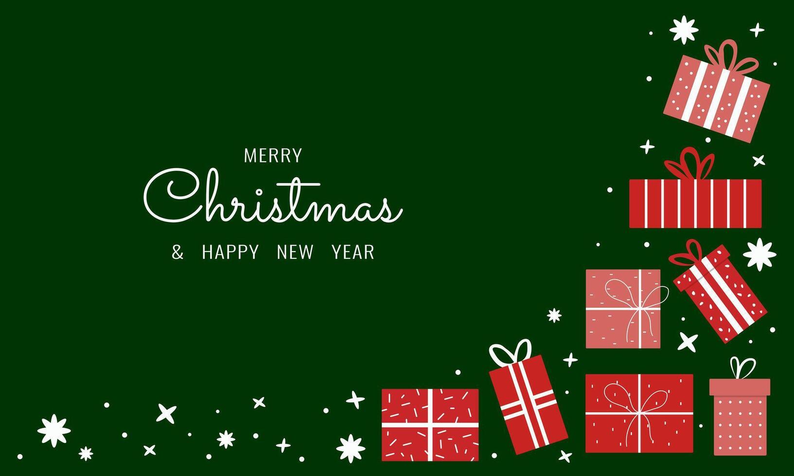Christmas greeting card. Design with Christmas gifts, snowflakes, stars on green background. template for poster, banner, holiday cover, greeting card Isolated vector