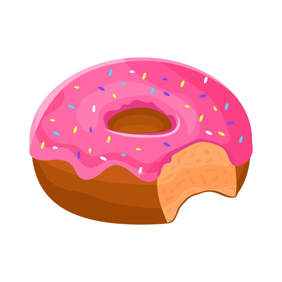 Bitten donut with pink glaze and coloured sprinkles. Sweet pastry, dessert illustration donut icon on white background vector