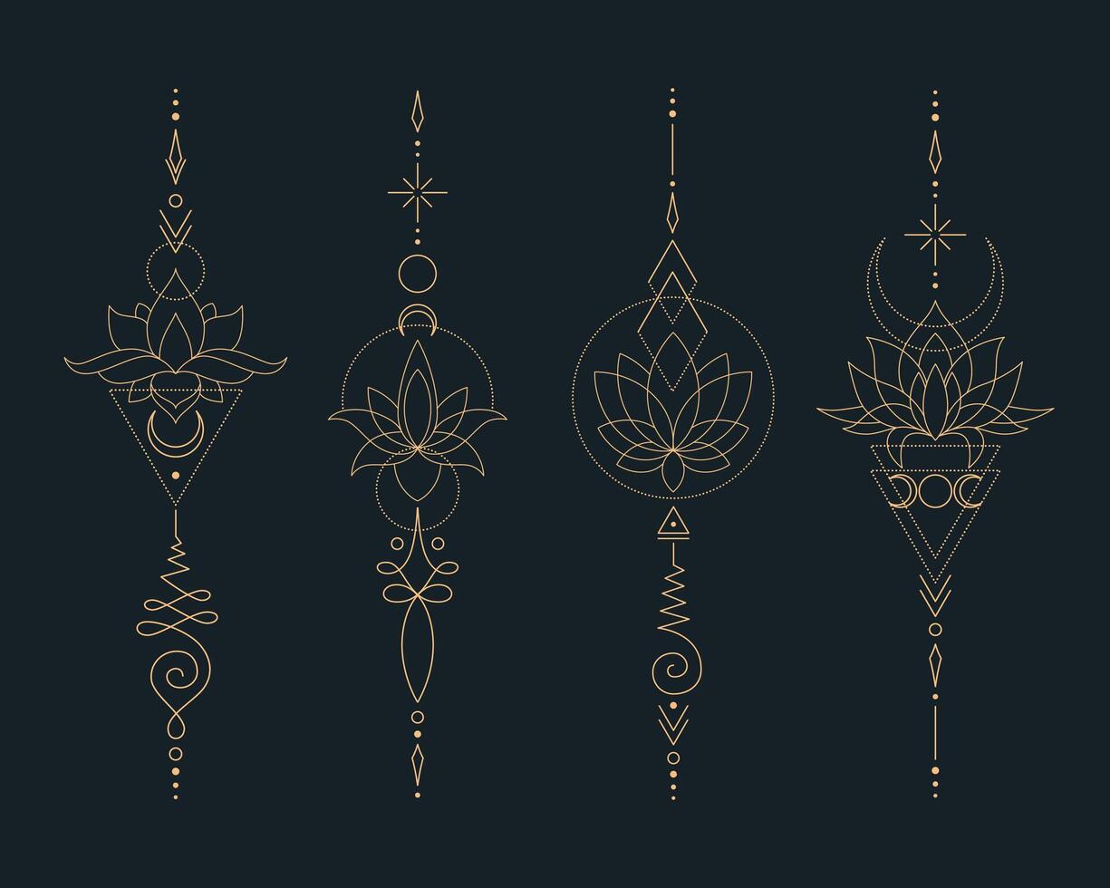 Set of Mystic Lotus Sacred Geometry Unalome Boho Tattoo Design Collection. vector