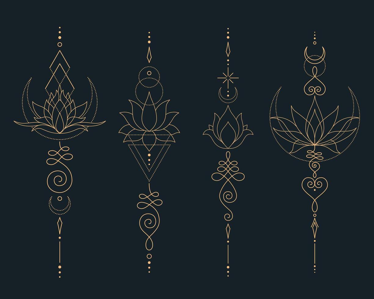 Set of Mystic Lotus Sacred Geometry Unalome Boho Tattoo Design Collection. vector