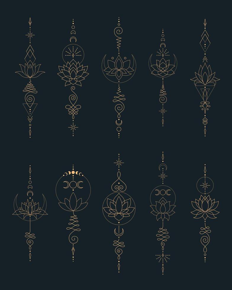 Set of Mystic Lotus Sacred Geometry Unalome Boho Tattoo Design Collection. vector