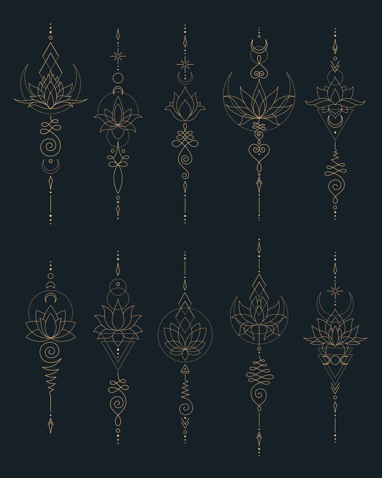 Set of Mystic Lotus Sacred Geometry Unalome Boho Tattoo Design Collection. vector