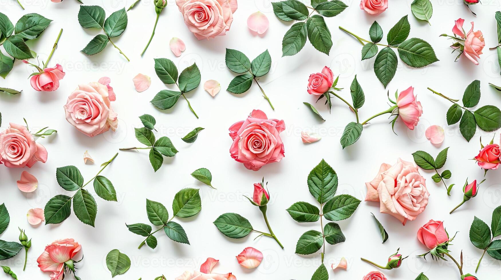Pink roses are arranged in a pattern on a white background photo