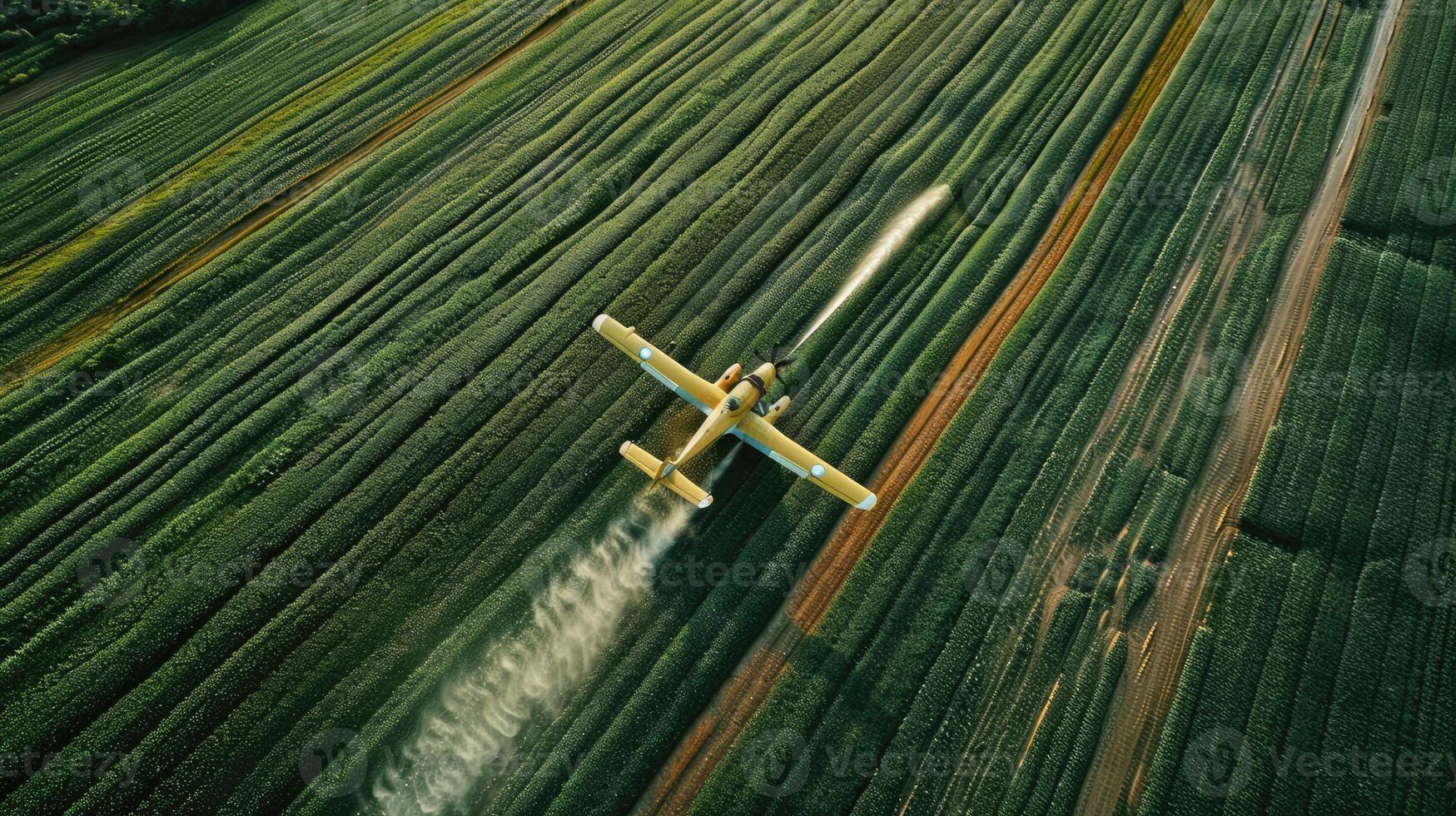 Aerial view of a plane spraying pesticide on a field photo