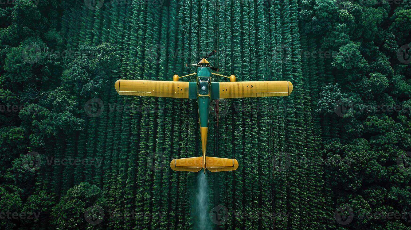 Aerial view of a small airplane spraying pesticide on a field photo
