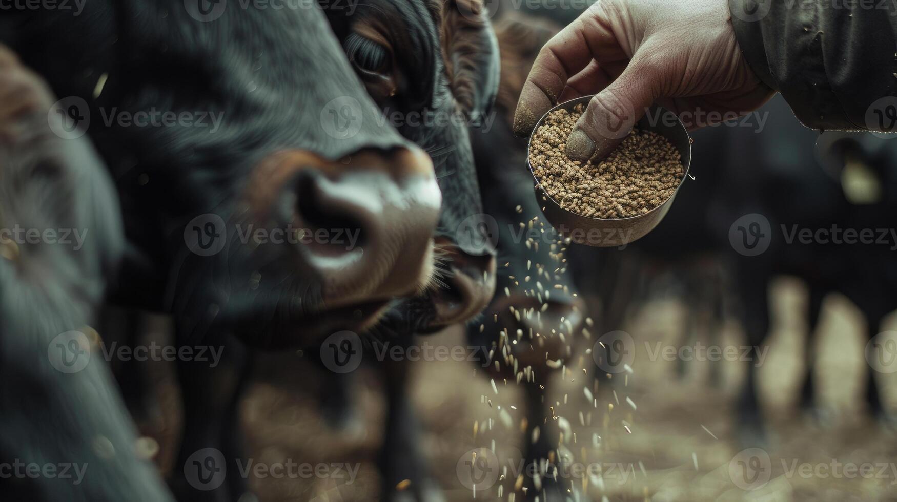 A person feeding grain to a cow photo
