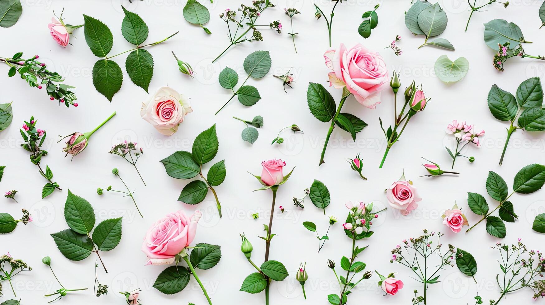 Pink roses and green leaves arranged in a pattern photo