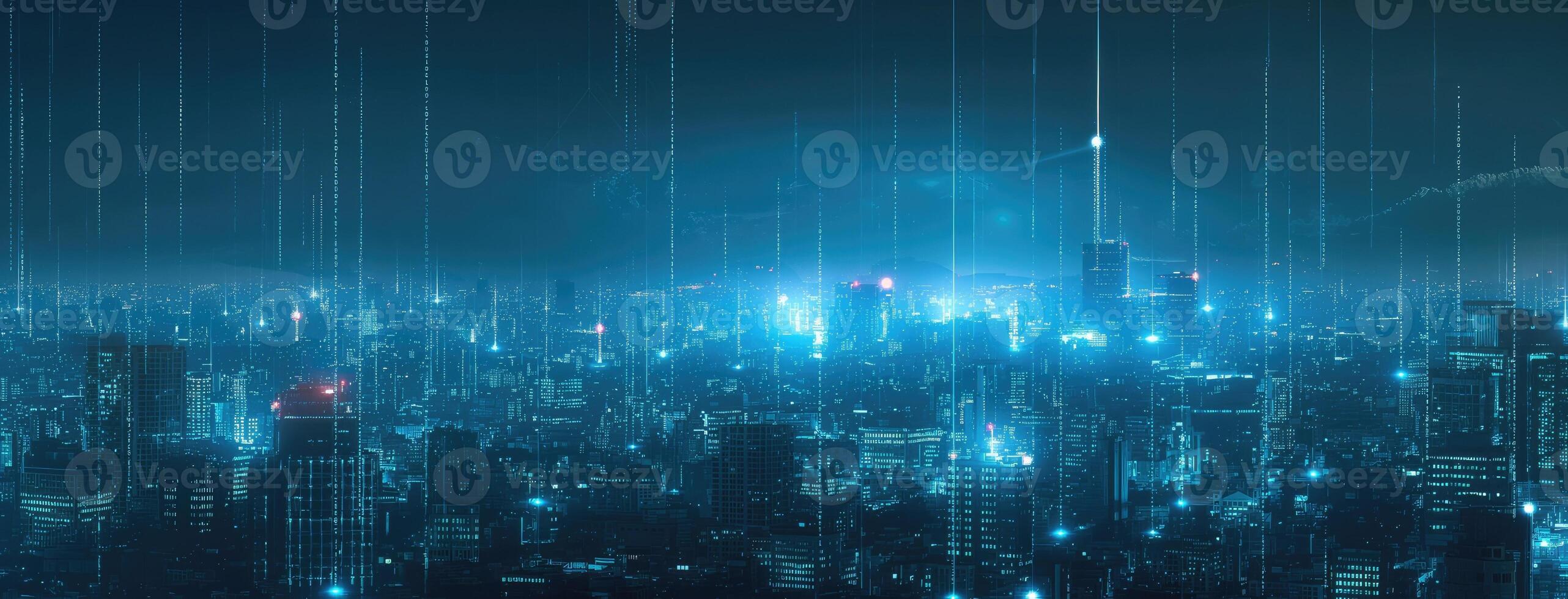 An image of a city with lights and digital data photo