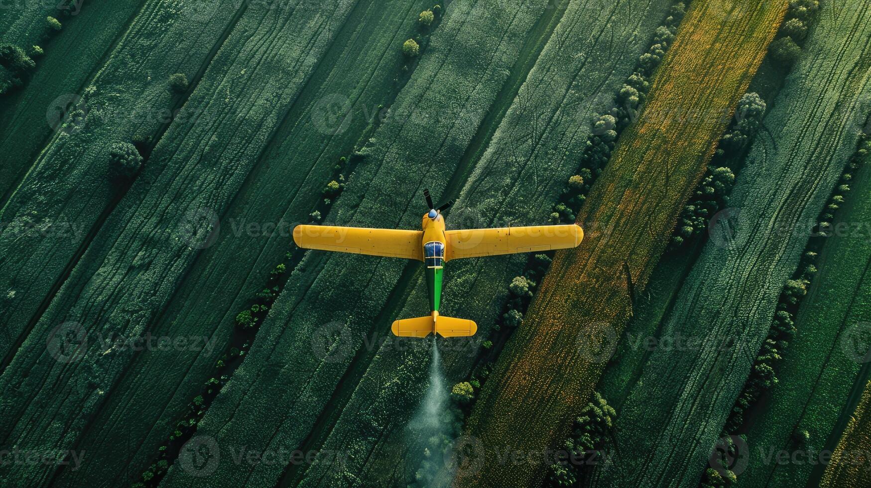 Aerial view of a yellow airplane flying over a field photo