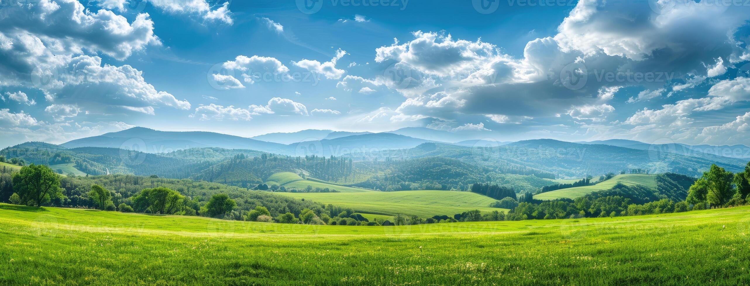 Green grassy meadow with mountains and clouds photo