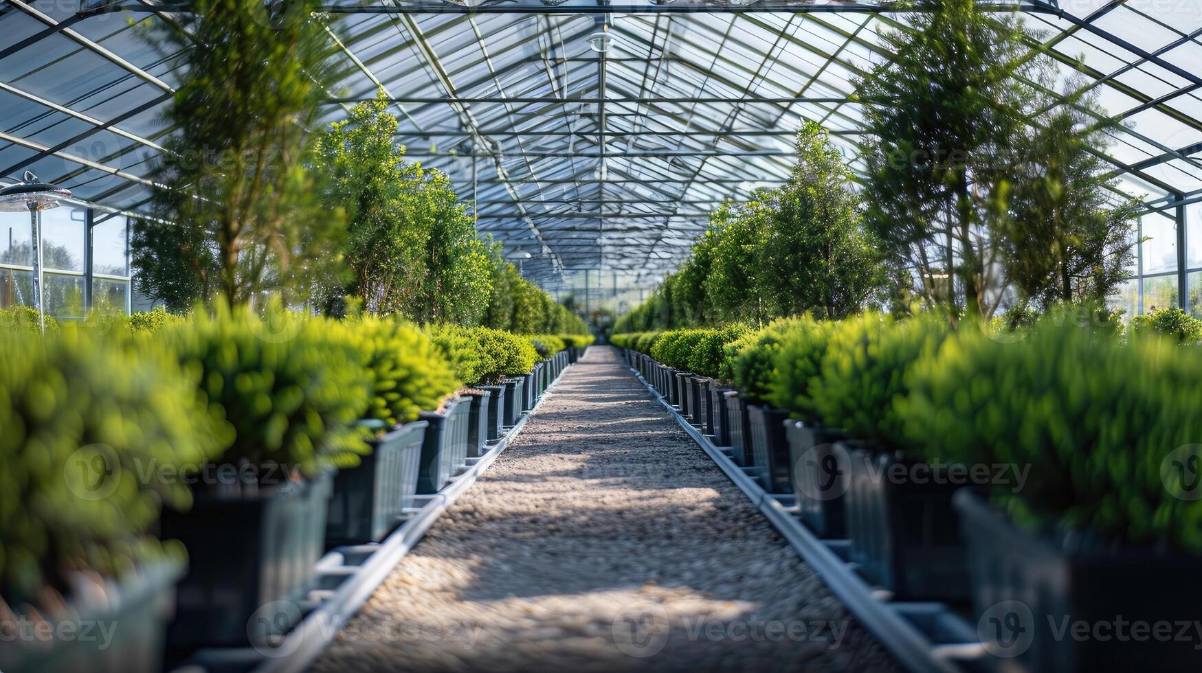 A long row of potted plants in a greenhouse photo