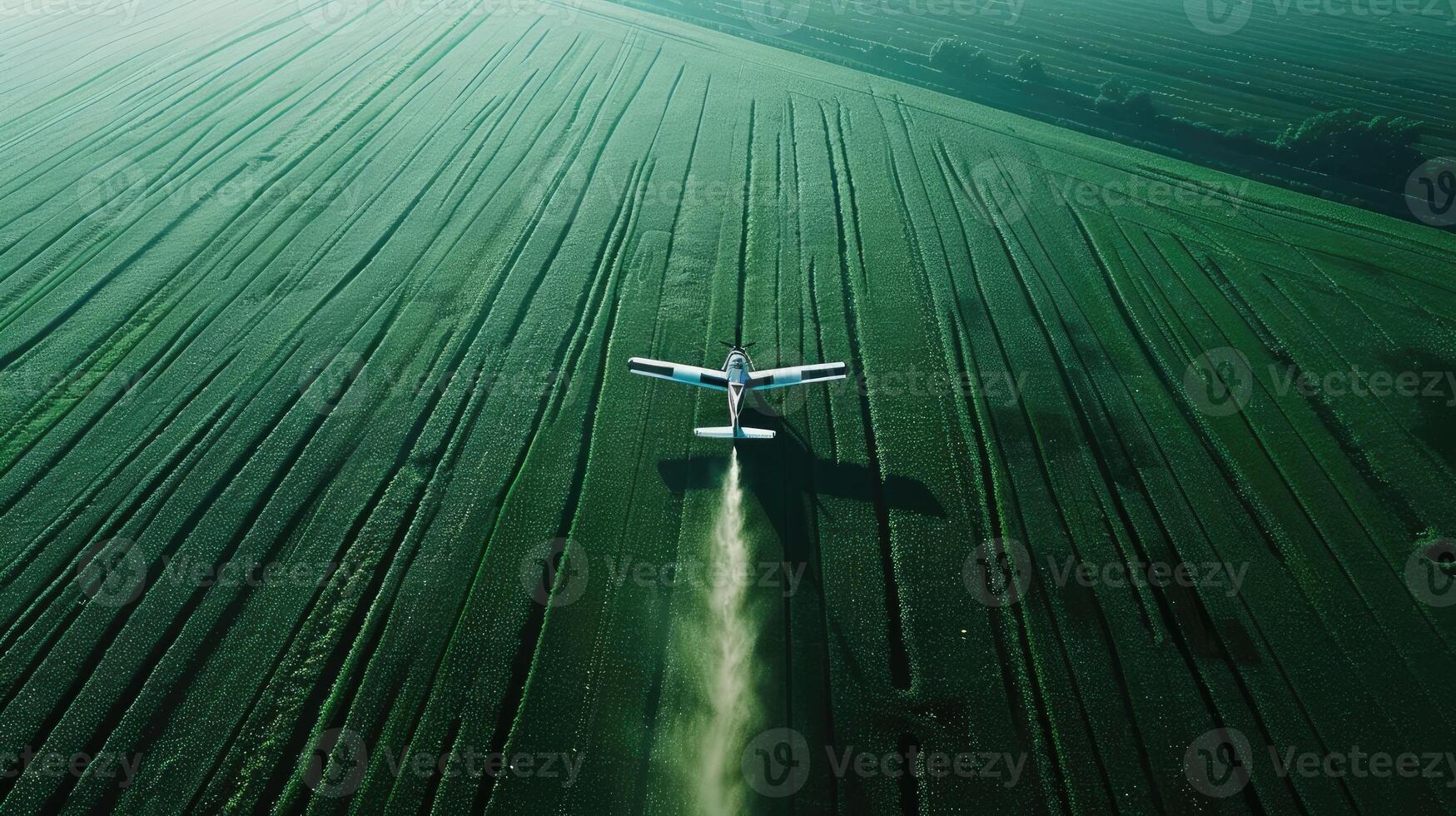 Aerial view of a plane spraying pesticide on a field photo