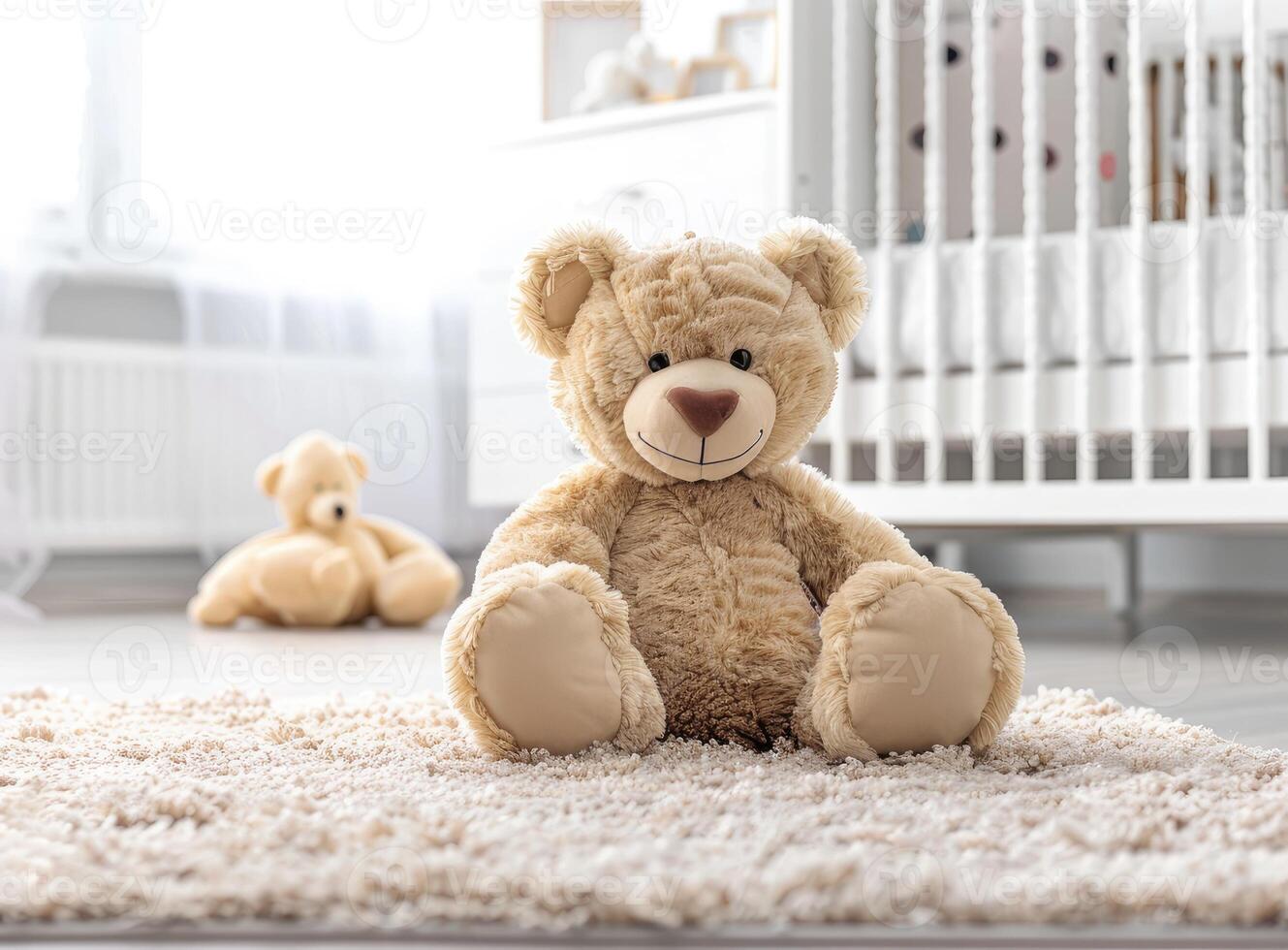 A teddy bear sits on a rug in a baby's room photo