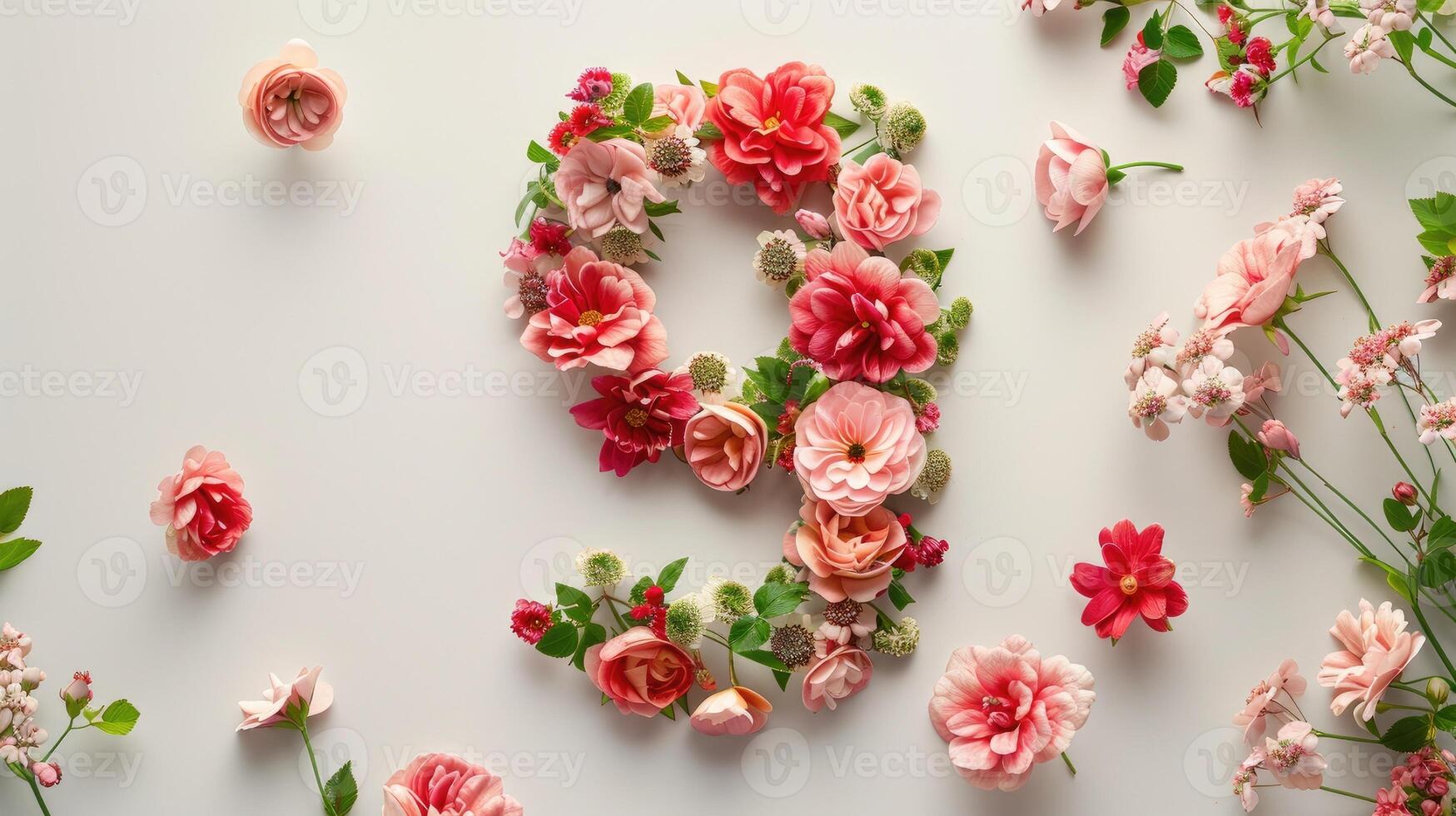 The number 9 is made of pink flowers photo