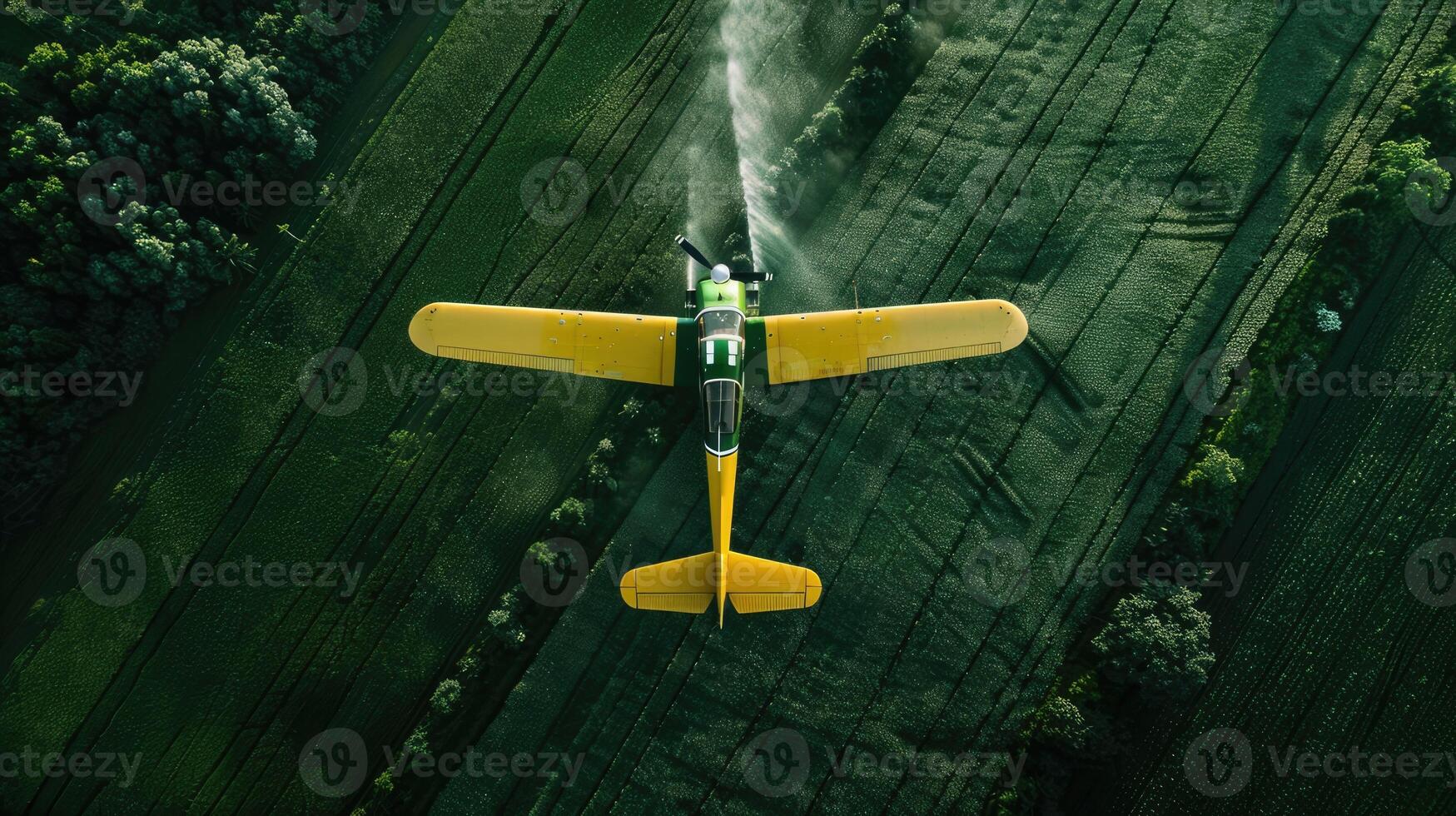 Aerial view of a small airplane spraying water on a field photo