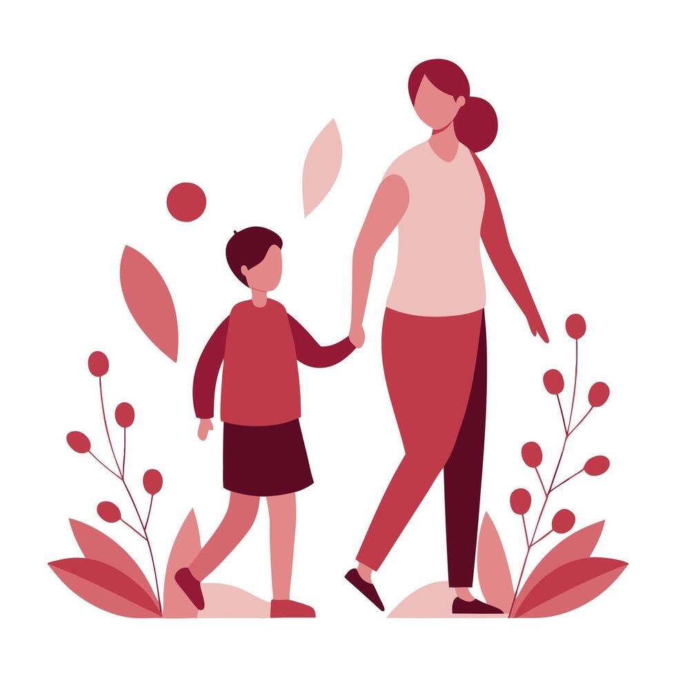 Modern illustration of a mother and son walking hand in hand on Happy Mother's Day vector