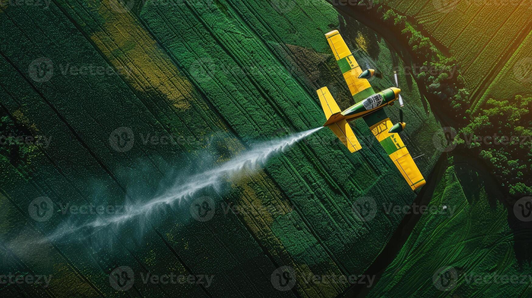 A plane spraying water on a green field photo