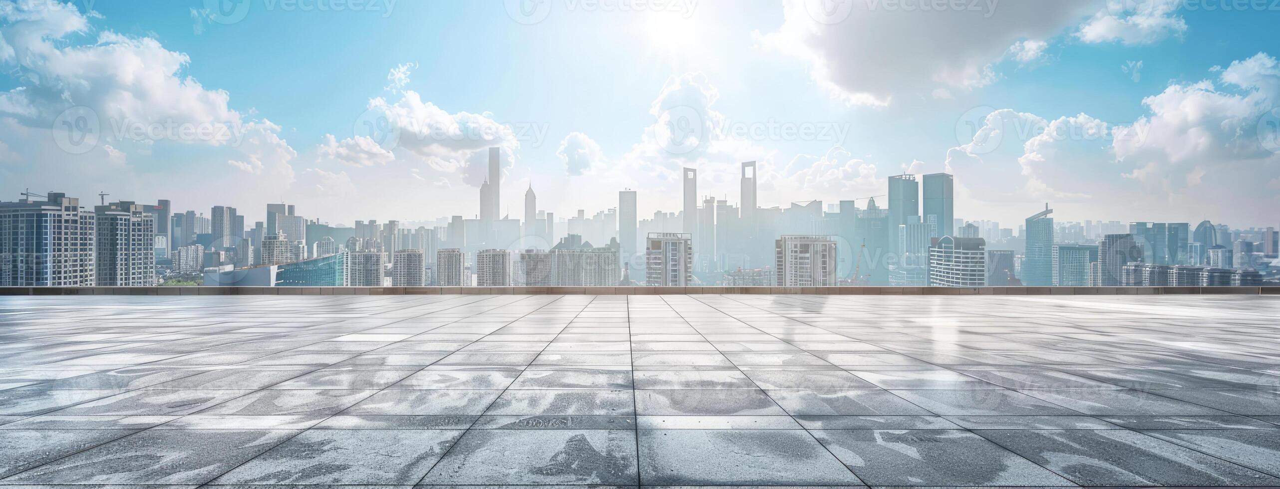An empty room with a cityscape in the background photo