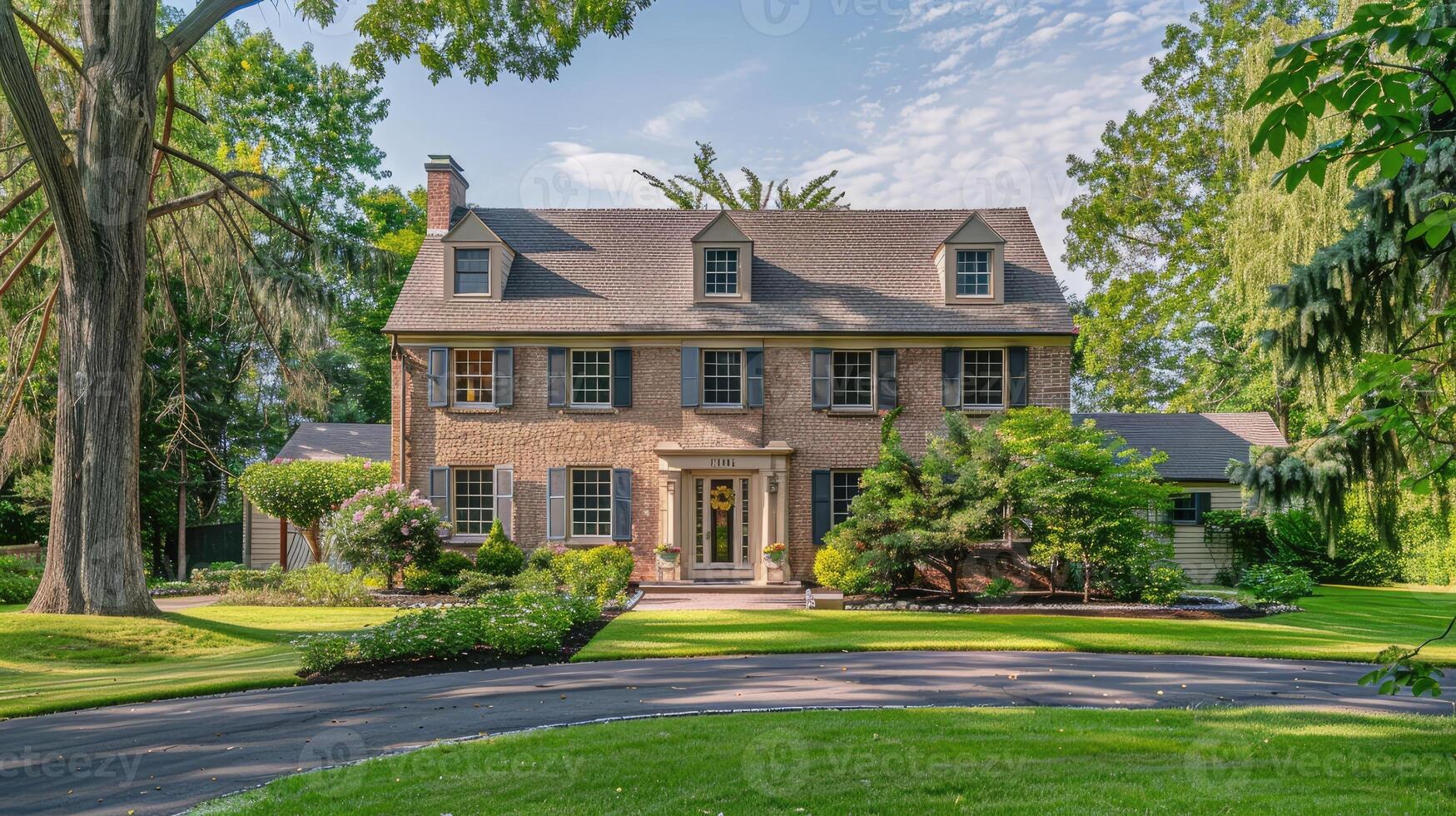 A large brick house with a driveway and trees photo