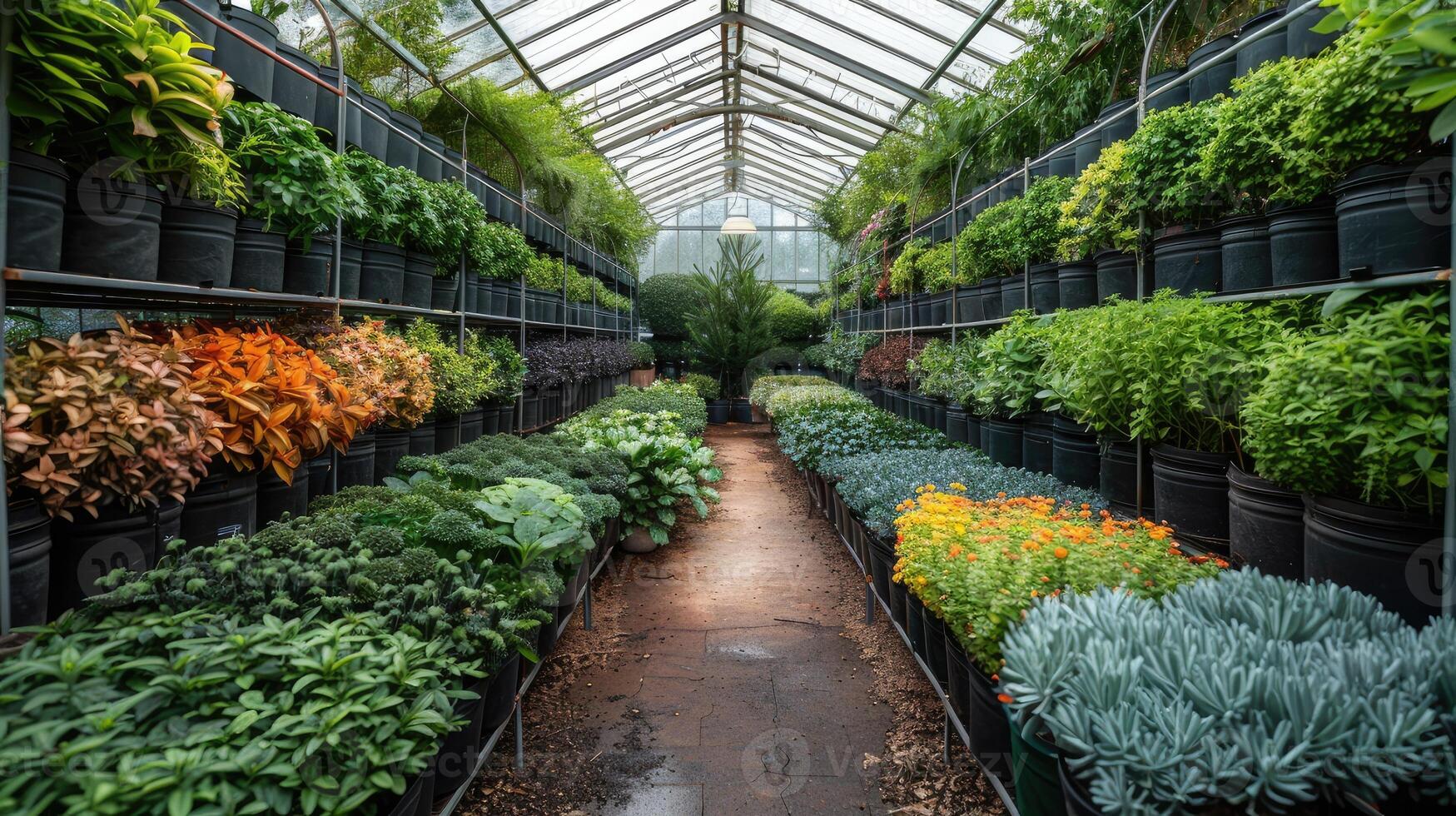 A long row of plants in a greenhouse photo