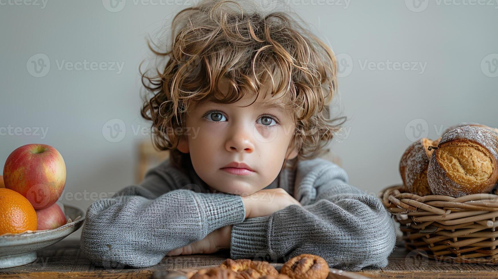 A young boy sitting at a table with a basket of fruit photo