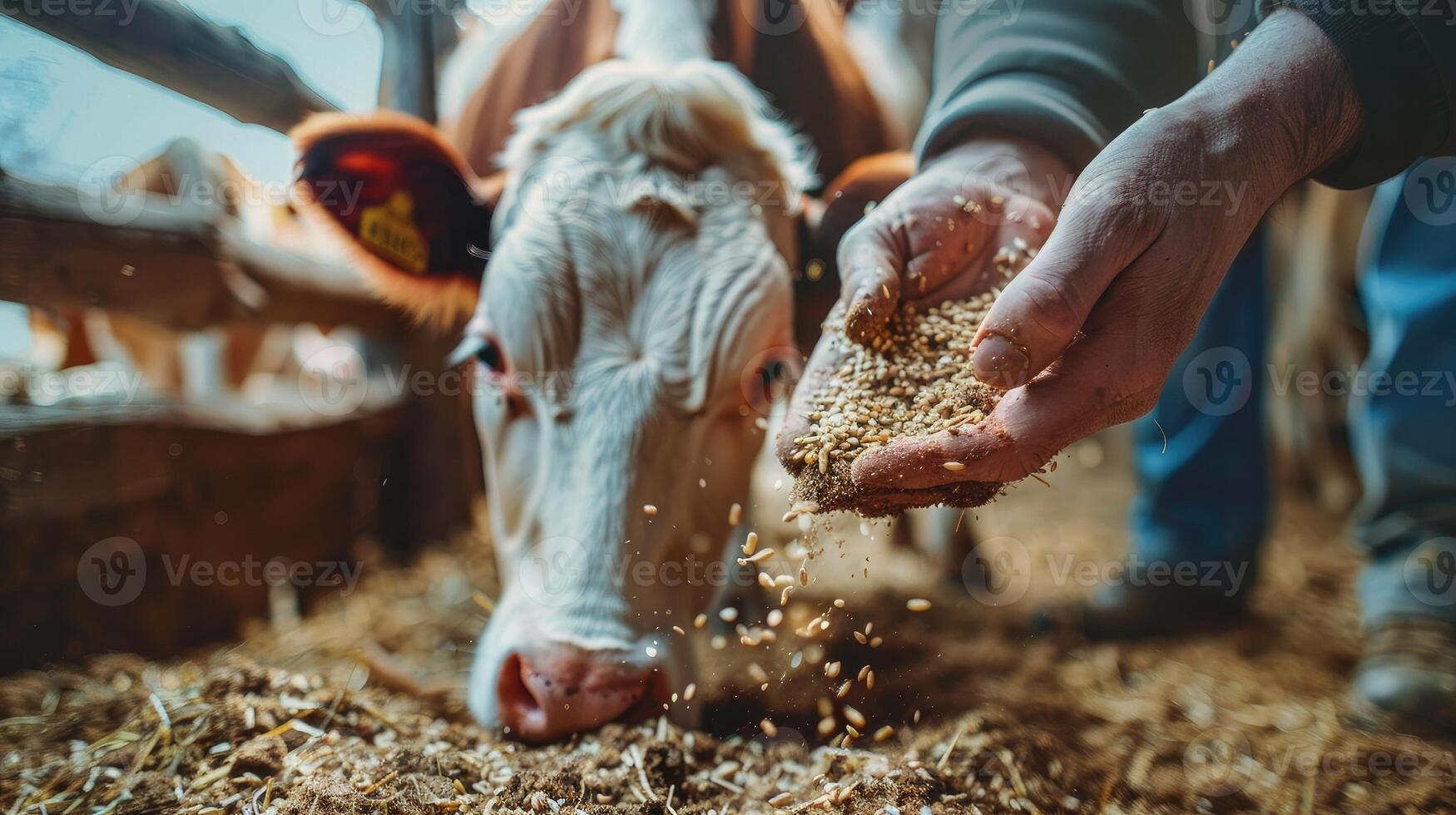 A person feeding grain to a cow photo