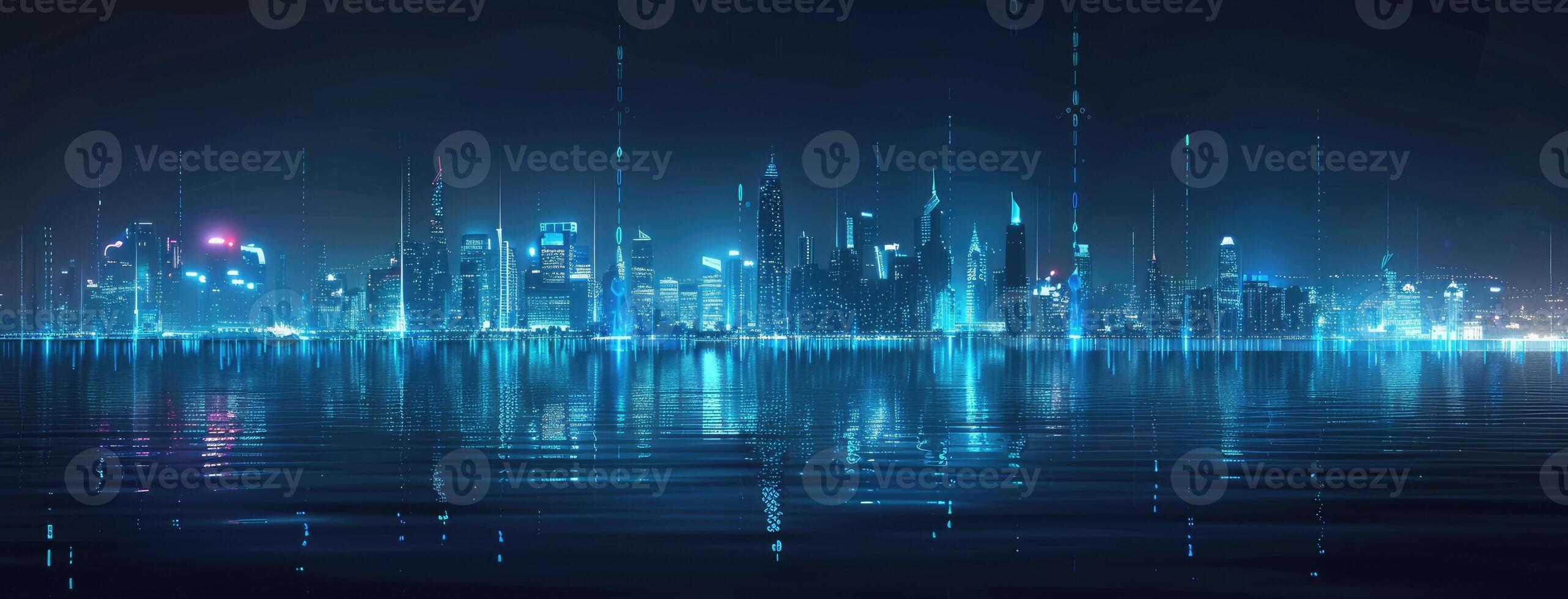 Futuristic cityscape with lights and reflections on water photo
