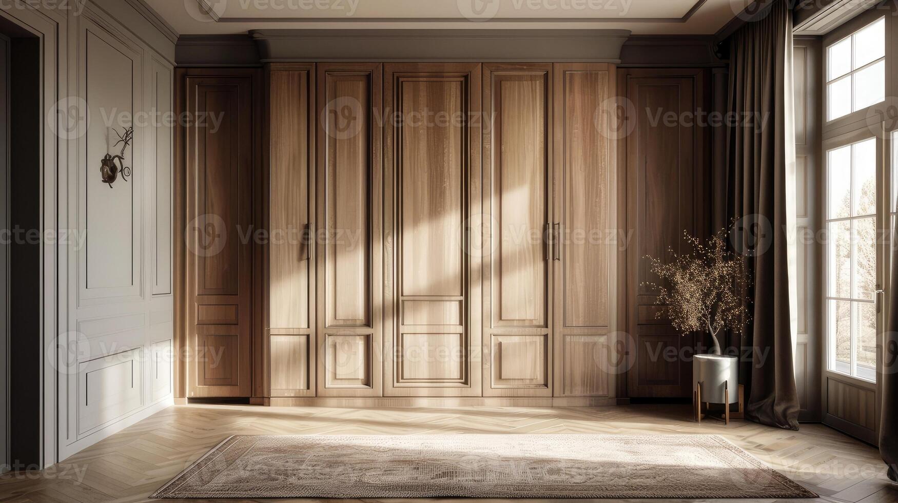 A room with wooden cabinets and a rug photo