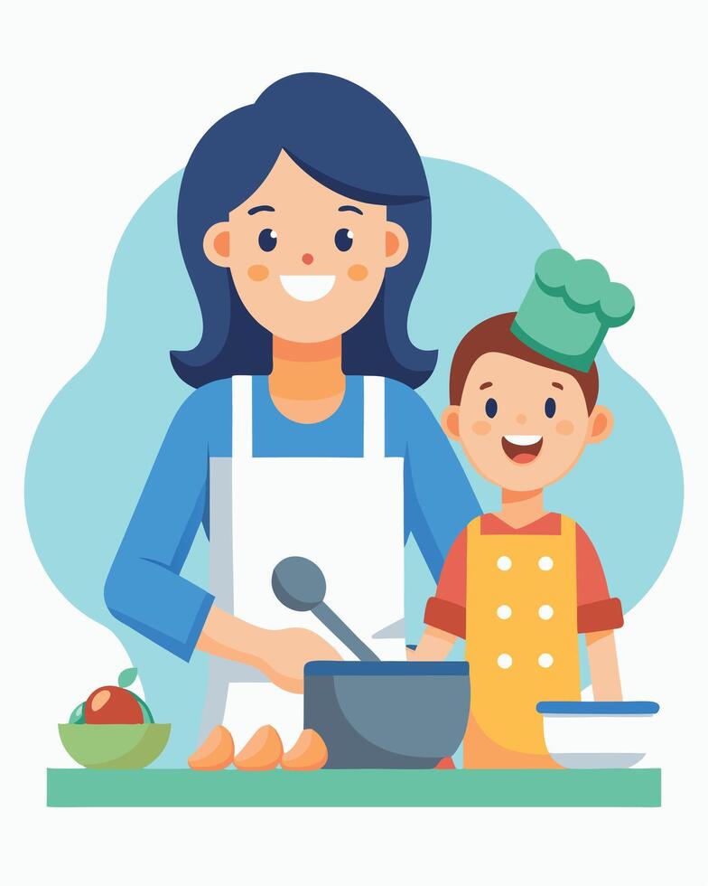 Mothers Day Illustration of Mother and Child Cooking Together with Love vector
