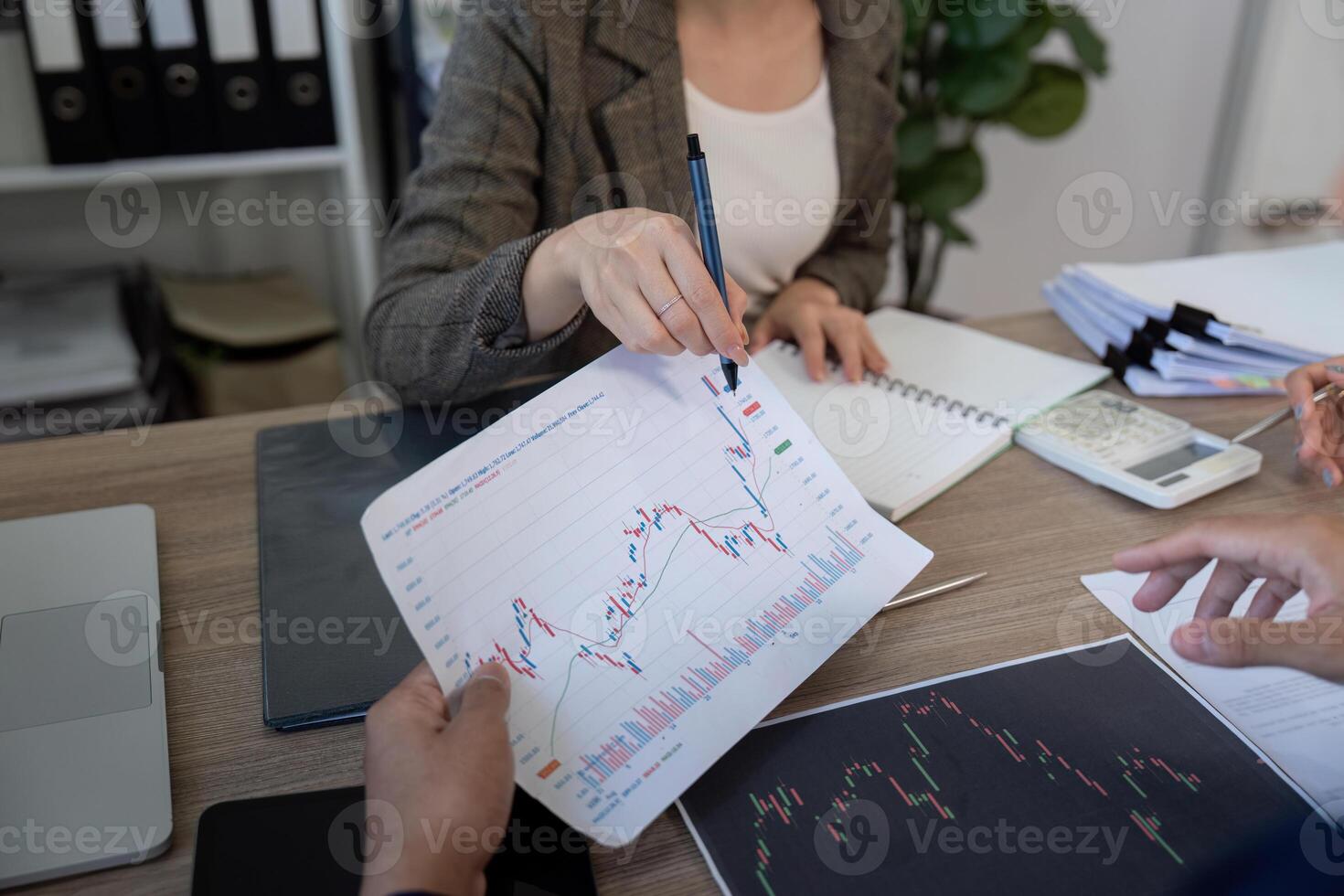 Data Visualization and Strategy. A business meeting featuring detailed charts and graphs for in-depth strategy discussion. photo