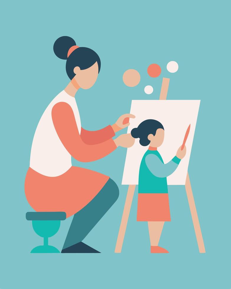 Creative Moment Mother And Child Creating Art In Studio vector