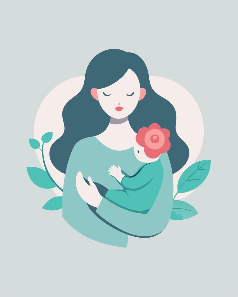 Loving Illustration Mother Cradling Her Baby In A Tender Embrace vector