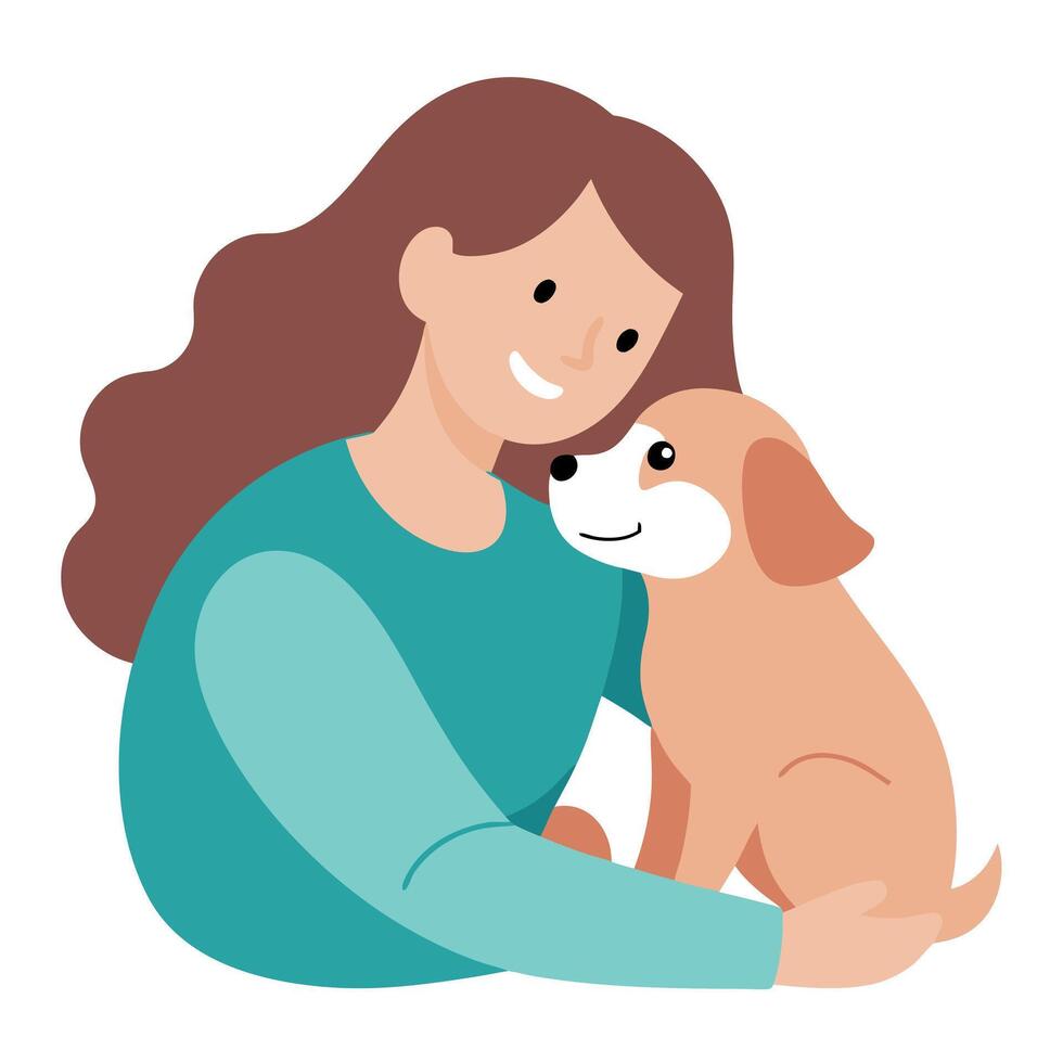 Flat Color Illustration of a Mother and Child Warmly Cuddling with Their Pet Dog on Mothers Day vector