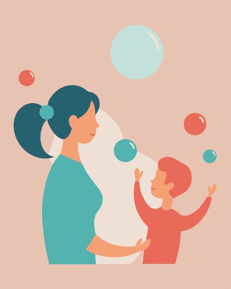 Mothers Day Artwork of Mother and Child Playing with Bubbles on a Breezy Day vector