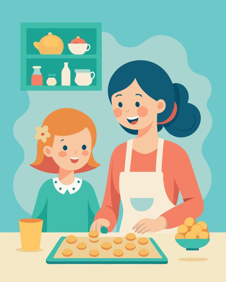 Cheerful Scene Mother And Daughter Baking Cupcakes At Home vector